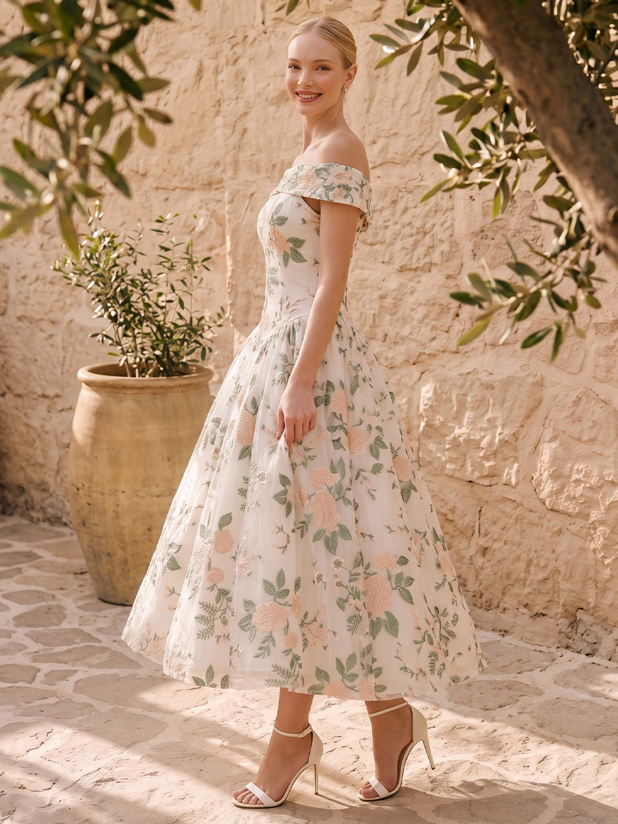 White Floral Embroidered Tulle Prom Dresses Off Shoulder A Line Midi
