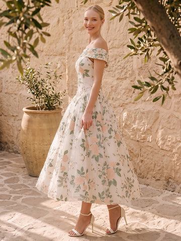 White Floral Embroidered Tulle Prom Dresses Off Shoulder A Line Midi