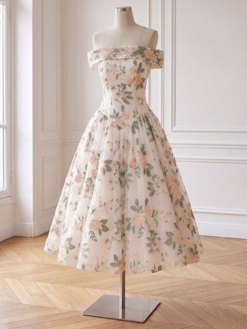 White Floral Embroidered Tulle Prom Dresses Off Shoulder A Line Midi