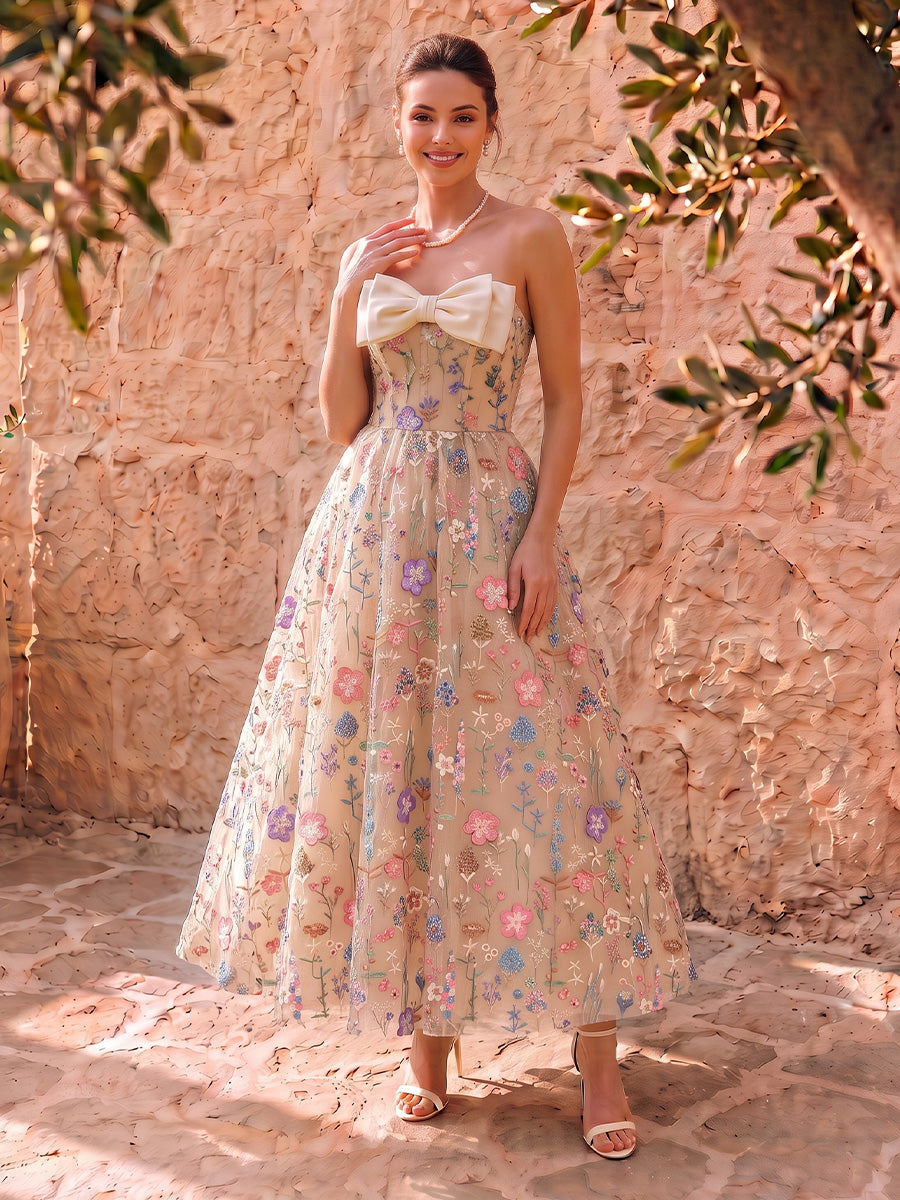 Nude Colorful Floral Embroidered Tulle Midi Prom Dresses Strapless with Bow A Line