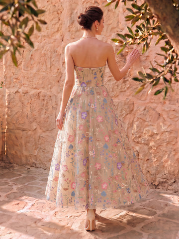 Nude Colorful Floral Embroidered Tulle Midi Prom Dresses Strapless with Bow A Line