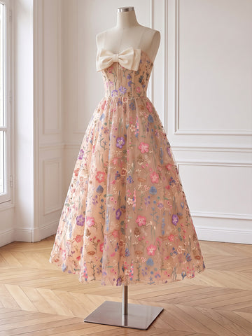 Nude Colorful Floral Embroidered Tulle Midi Prom Dresses Strapless with Bow A Line