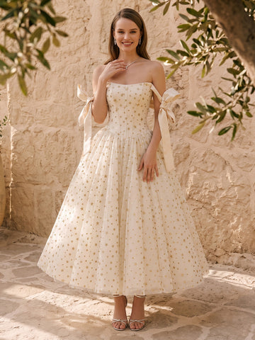 Star Glitter Tulle Midi Prom Dresses Ivory Off Shoulder Bow Strap