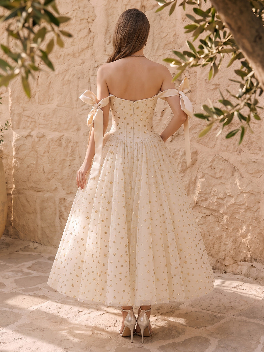 Star Glitter Tulle Midi Prom Dresses Ivory Off Shoulder Bow Strap