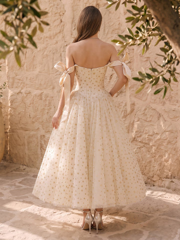 Star Glitter Tulle Midi Prom Dresses Ivory Off Shoulder Bow Strap