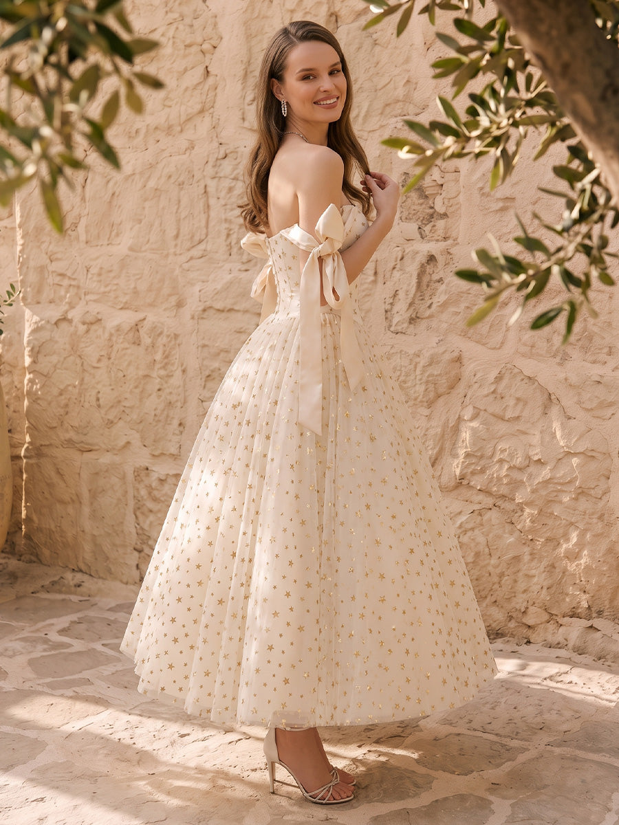 Star Glitter Tulle Midi Prom Dresses Ivory Off Shoulder Bow Strap