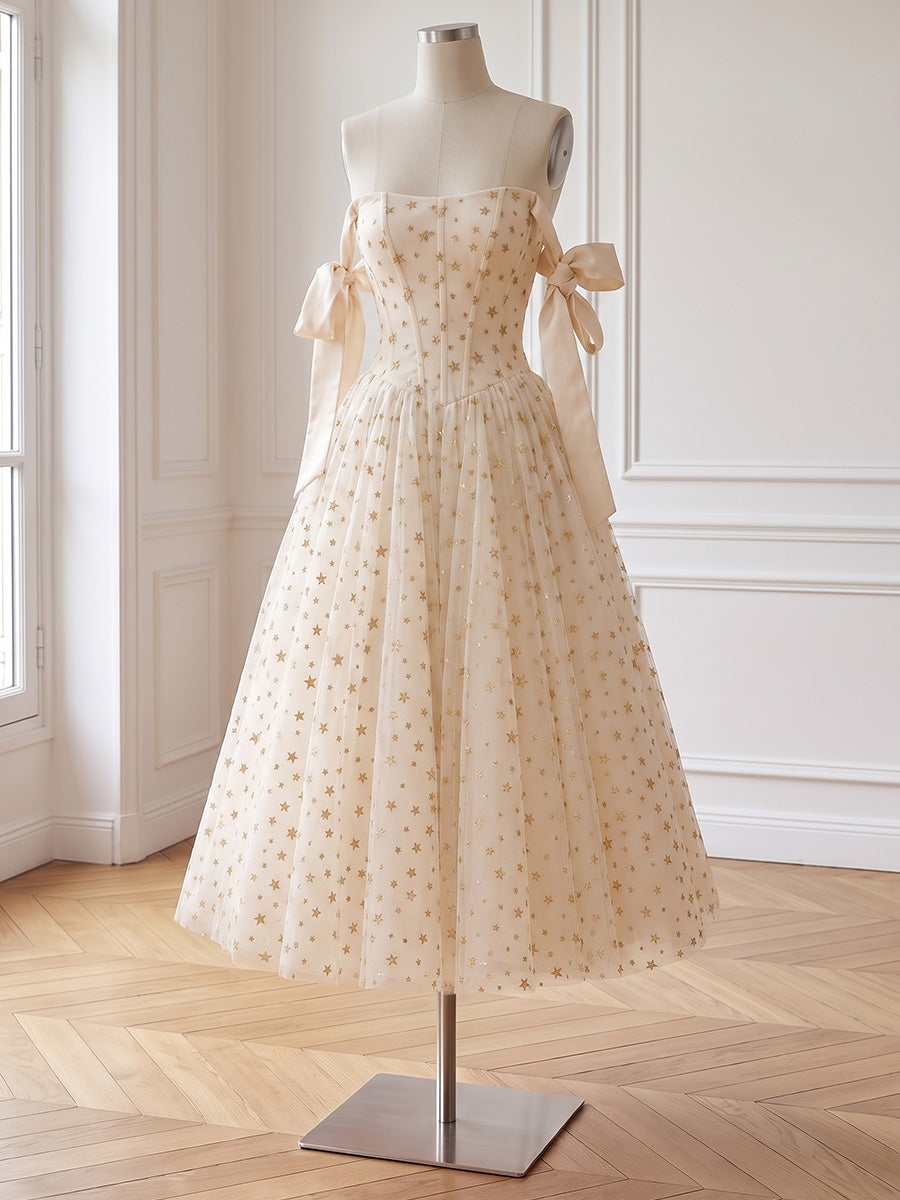 Star Glitter Tulle Midi Prom Dresses Ivory Off Shoulder Bow Strap