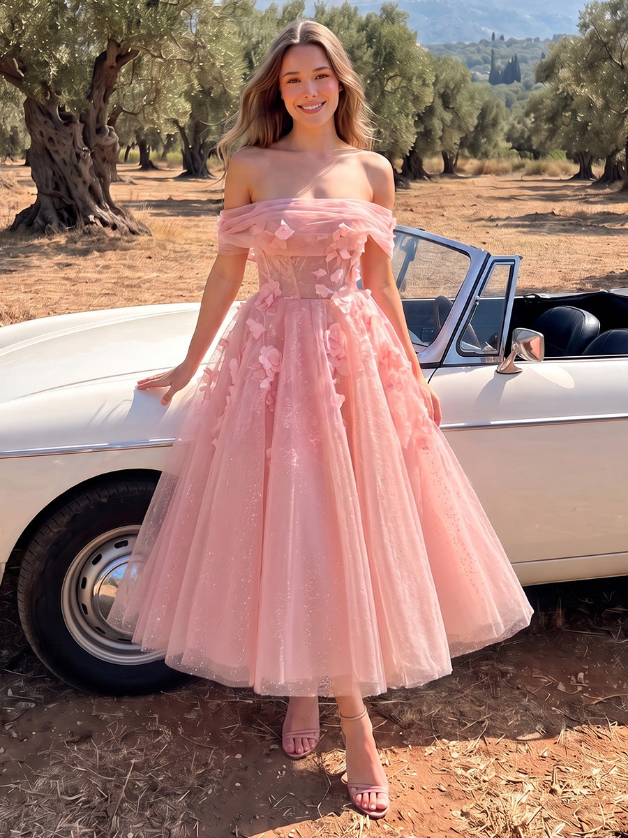 Off Shoulder Midi Prom Dresses Pink 3D Floral Tulle Corset A-Line