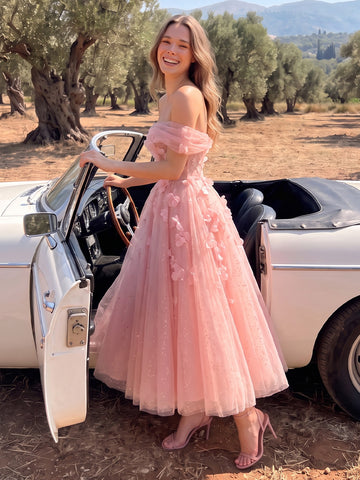 Off Shoulder Midi Prom Dresses Pink 3D Floral Tulle Corset A-Line