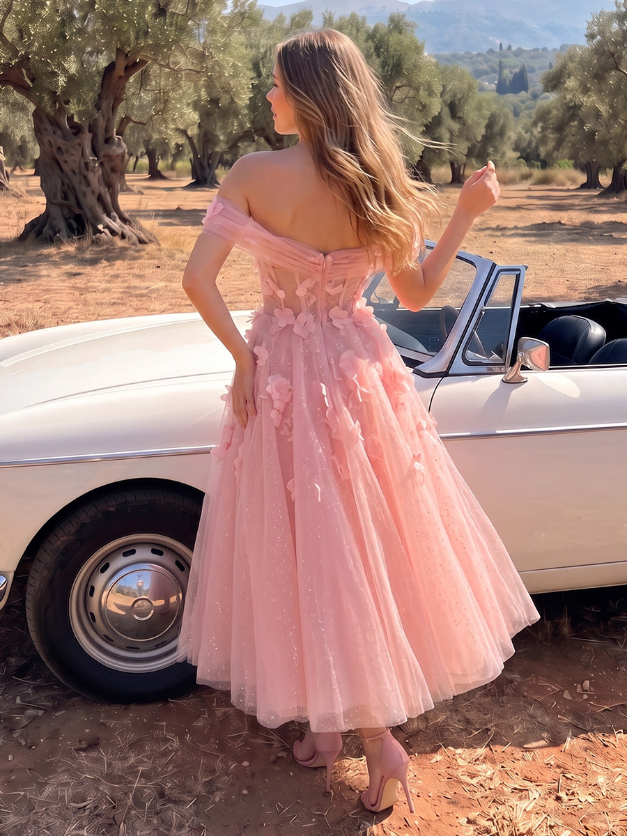 Off Shoulder Midi Prom Dresses Pink 3D Floral Tulle Corset A-Line