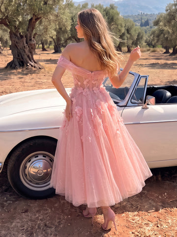 Off Shoulder Midi Prom Dresses Pink 3D Floral Tulle Corset A-Line