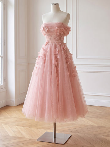 Off Shoulder Midi Prom Dresses Pink 3D Floral Tulle Corset A-Line