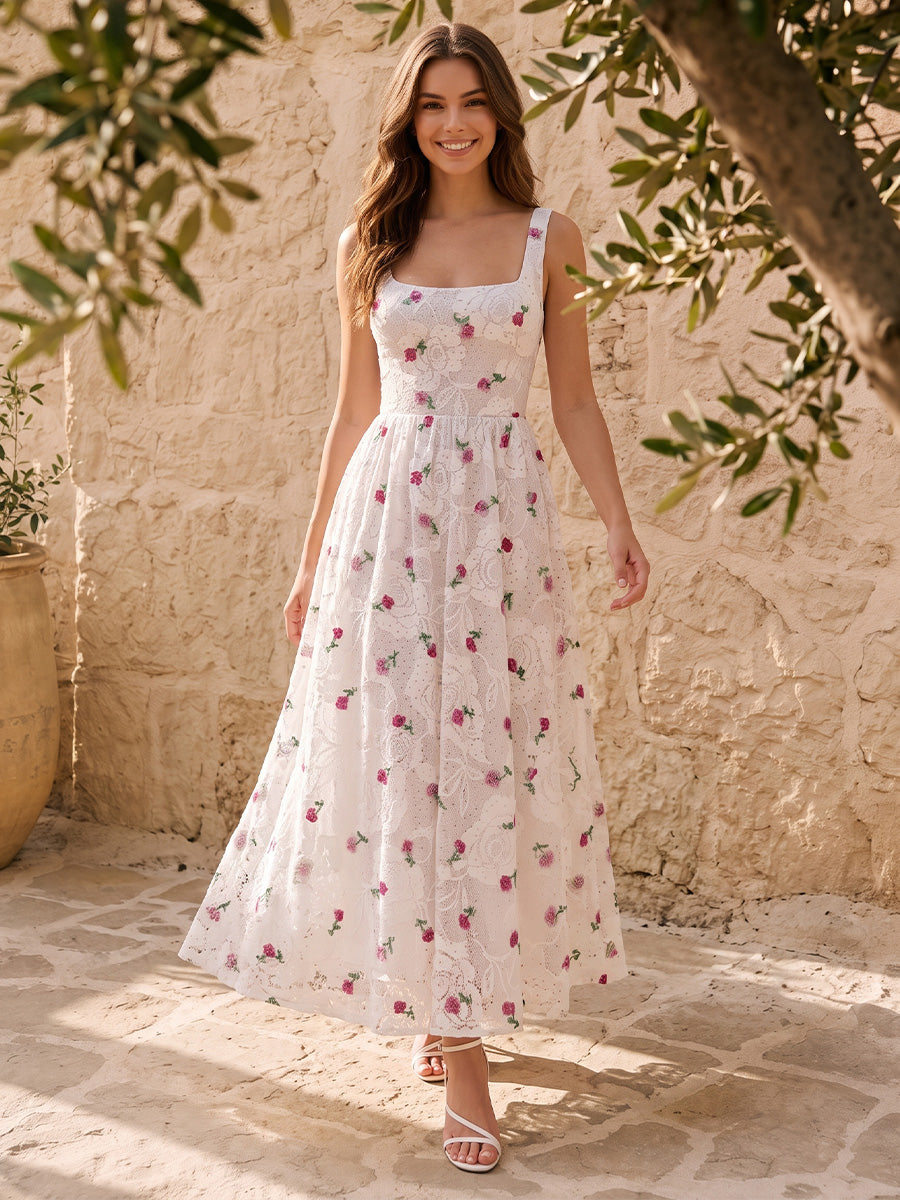 White Lace Midi Prom Dresses A-Line Square Neck Cherry Embroidered