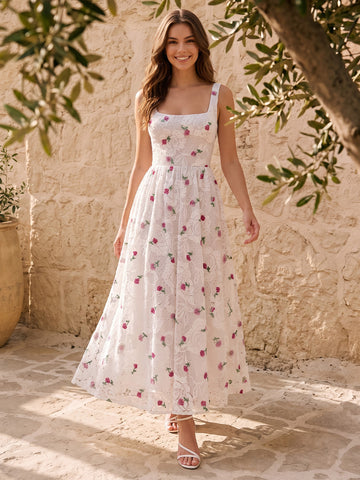 White Lace Midi Prom Dresses A-Line Square Neck Cherry Embroidered