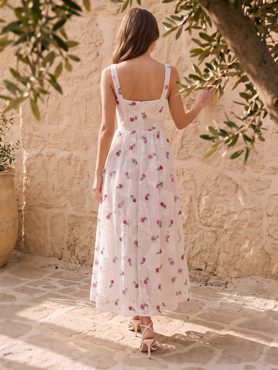 White Lace Midi Prom Dresses A-Line Square Neck Cherry Embroidered