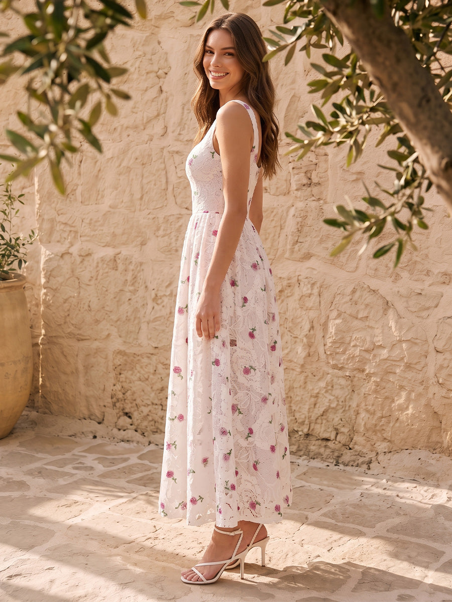 White Lace Midi Prom Dresses A-Line Square Neck Cherry Embroidered