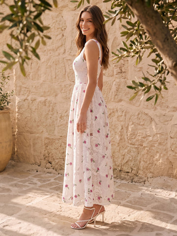 White Lace Midi Prom Dresses A-Line Square Neck Cherry Embroidered