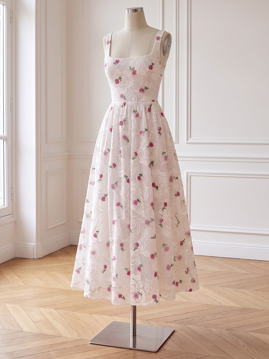White Lace Midi Prom Dresses A-Line Square Neck Cherry Embroidered