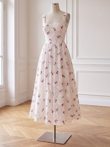 White Lace Midi Prom Dresses A-Line Square Neck Cherry Embroidered