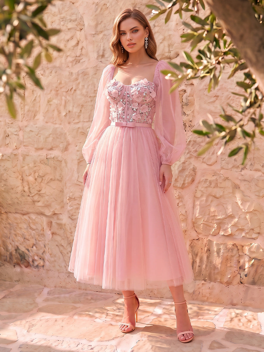 Pink 3D Floral Sequin Corset Tulle Midi Prom Dresses Long Sleeve A-Line
