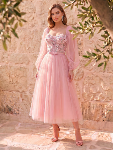 Pink 3D Floral Sequin Corset Tulle Midi Prom Dresses Long Sleeve A-Line