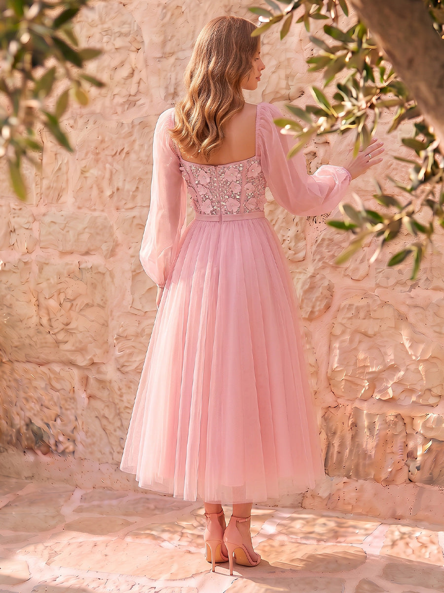 Pink 3D Floral Sequin Corset Tulle Midi Prom Dresses Long Sleeve A-Line