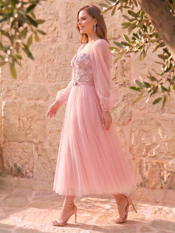 Pink 3D Floral Sequin Corset Tulle Midi Prom Dresses Long Sleeve A-Line
