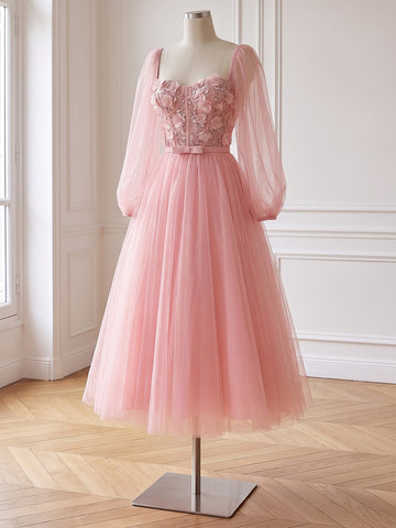 Pink 3D Floral Sequin Corset Tulle Midi Prom Dresses Long Sleeve A-Line
