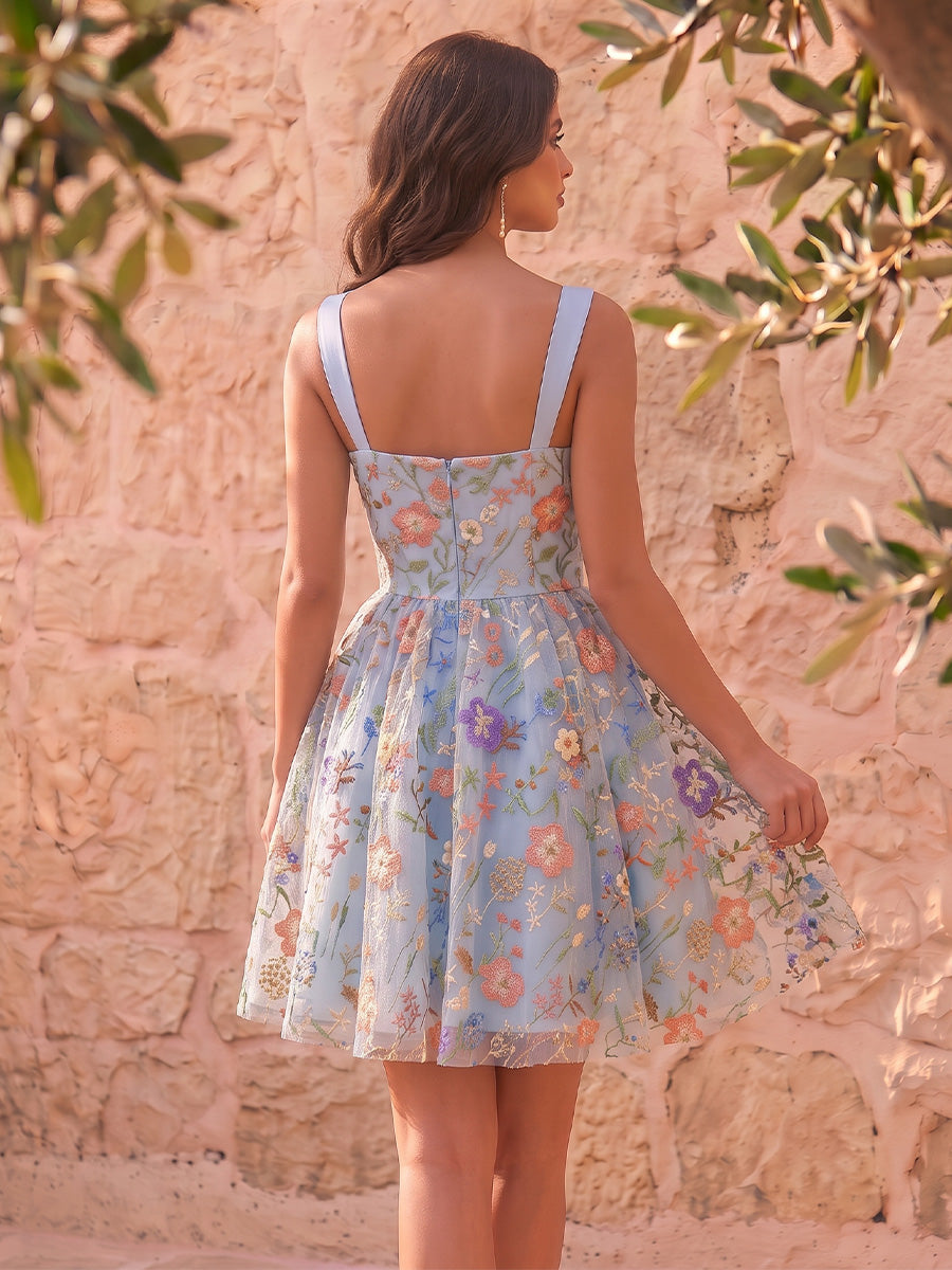 Light Blue Prom Dress Floral Embroidered Tulle Wide Strap Sweetheart Mini with Bow