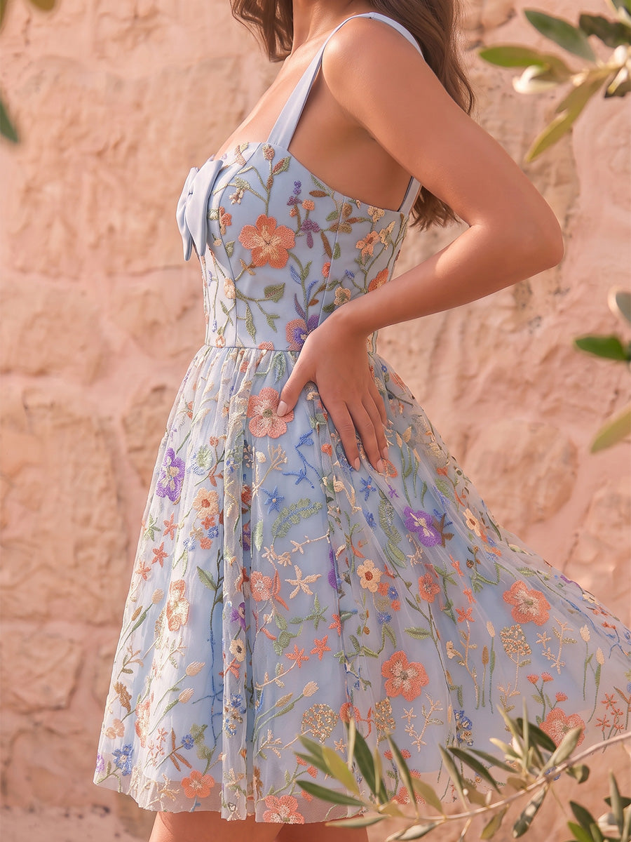 Light Blue Prom Dress Floral Embroidered Tulle Wide Strap Sweetheart Mini with Bow