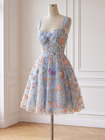 Light Blue Prom Dress Floral Embroidered Tulle Wide Strap Sweetheart Mini with Bow