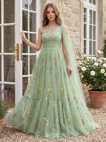 Sage Floral Embroidered Tulle Prom Dresses Corset One Shoulder A Line