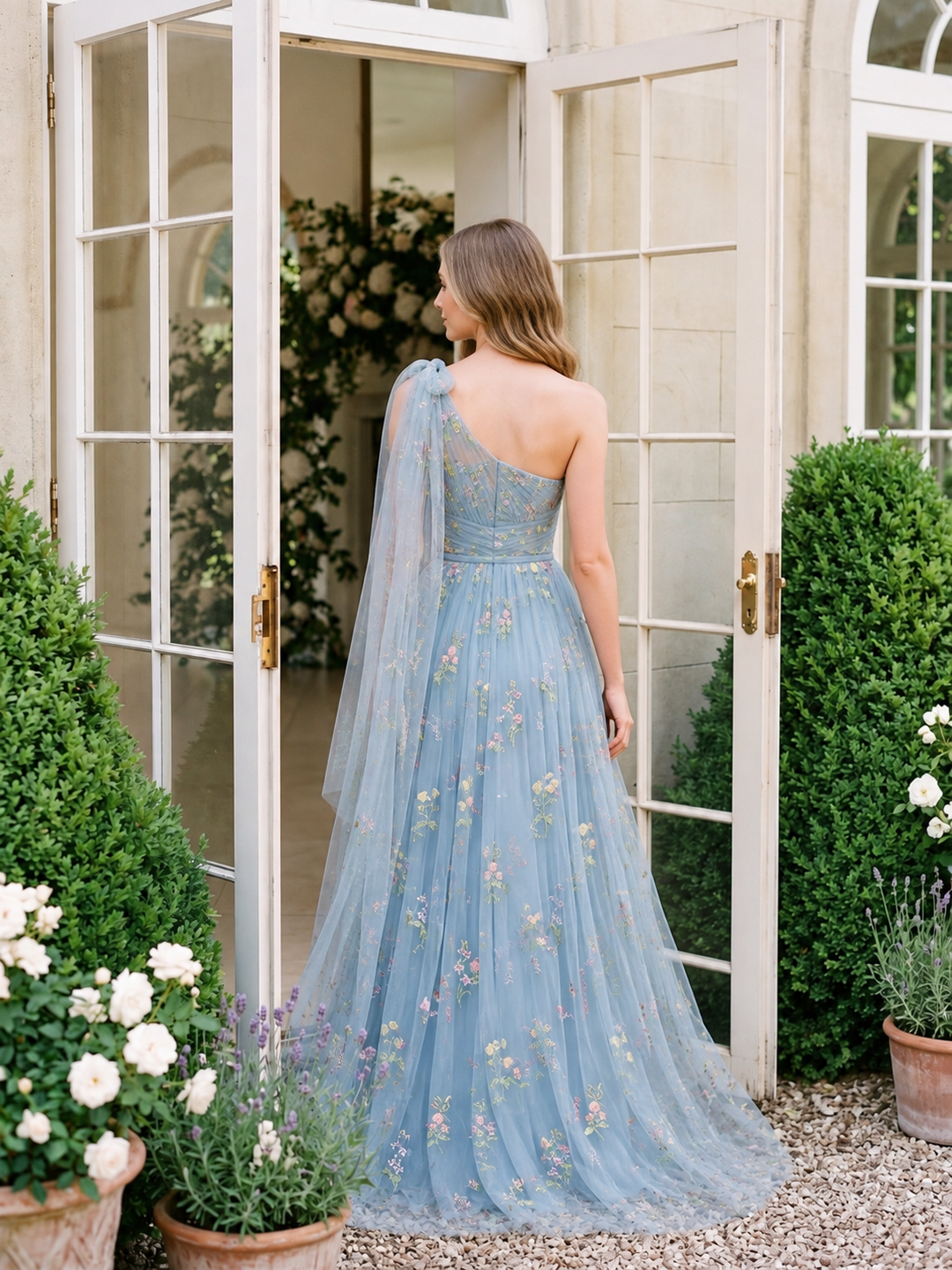 Sage Floral Embroidered Tulle Prom Dresses Corset One Shoulder A Line