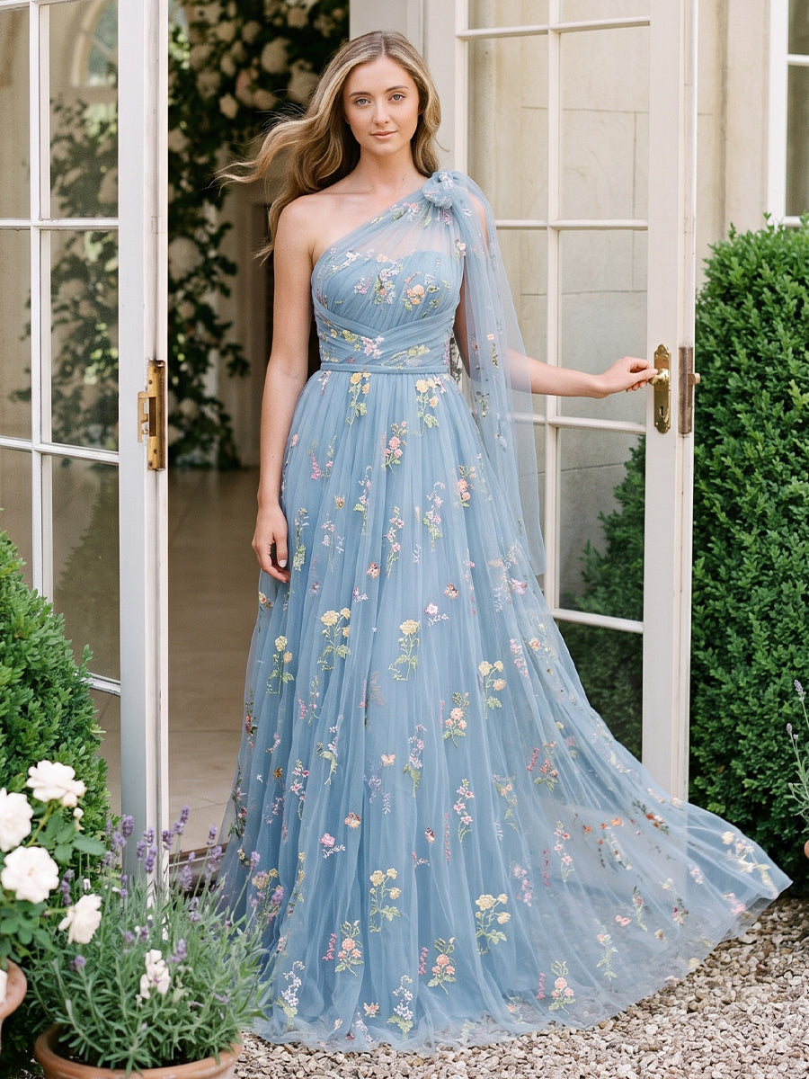 Sage Floral Embroidered Tulle Prom Dresses Corset One Shoulder A Line
