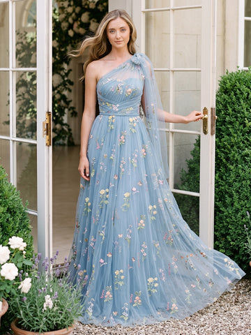 Sage Floral Embroidered Tulle Prom Dresses Corset One Shoulder A Line