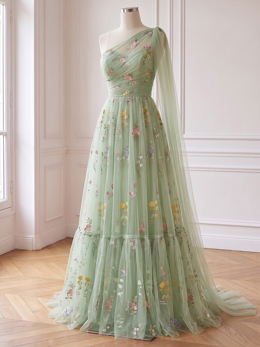 Sage Floral Embroidered Tulle Prom Dresses Corset One Shoulder A Line