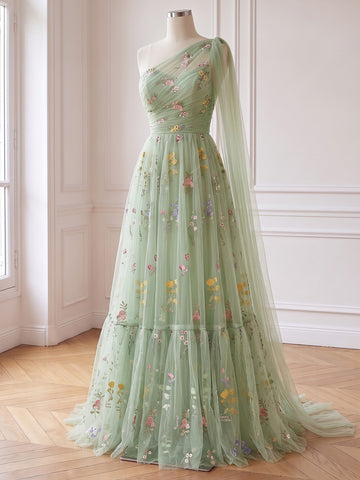 Sage Floral Embroidered Tulle Prom Dresses Corset One Shoulder A Line