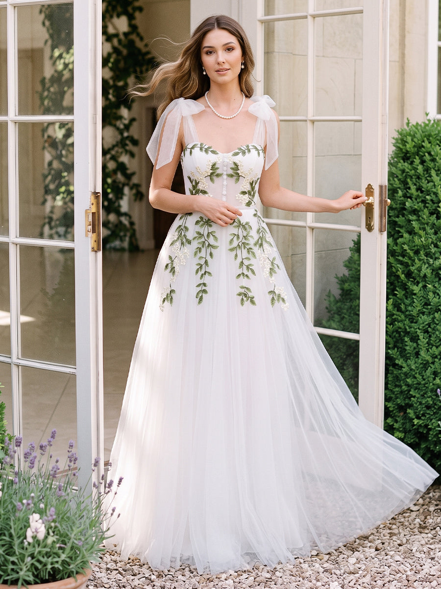 Leaf Embroidered Tulle Prom Dresses Long Sweetheart A Line