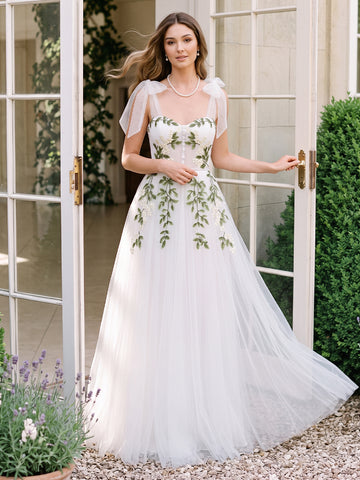 Leaf Embroidered Tulle Prom Dresses Long Sweetheart A Line