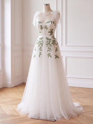 Leaf Embroidered Tulle Prom Dresses Long Sweetheart A Line