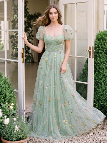 Sage Floral Embroidered Tulle Prom Dresses Corset Sweetheart Short Sleeves