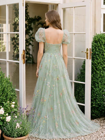 Sage Floral Embroidered Tulle Prom Dresses Corset Sweetheart Short Sleeves