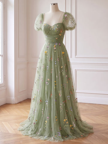 Sage Floral Embroidered Tulle Prom Dresses Corset Sweetheart Short Sleeves