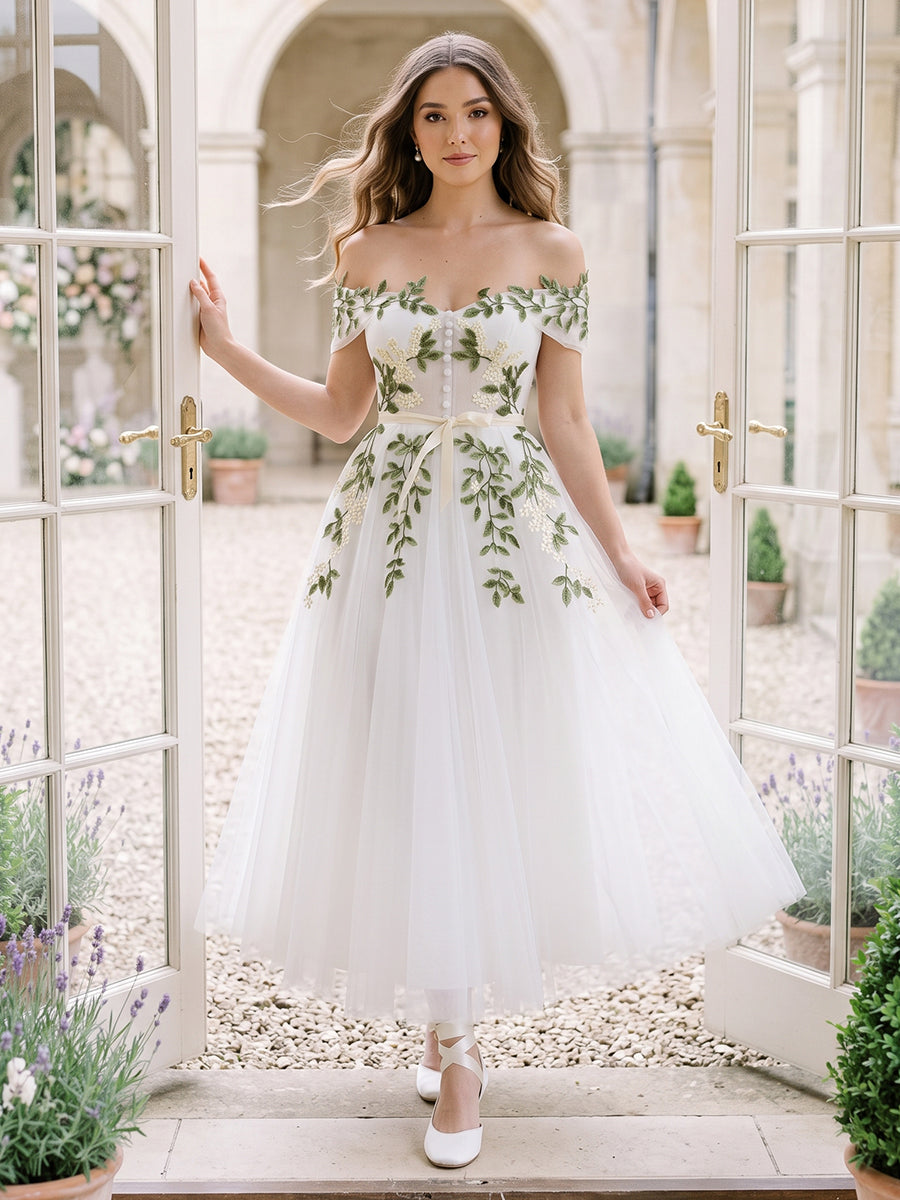 Leaf Embroidered Tulle Prom Dresses Midi Off Shoulder A-Line