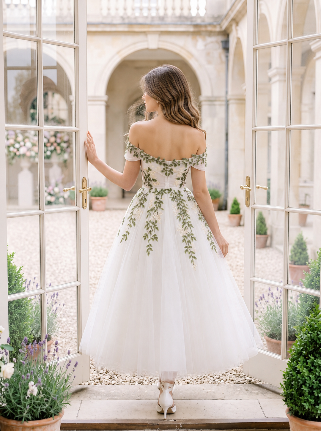 Leaf Embroidered Tulle Prom Dresses Midi Off Shoulder A-Line