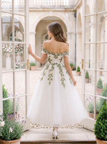 Leaf Embroidered Tulle Prom Dresses Midi Off Shoulder A-Line