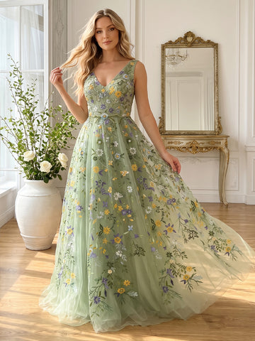 Sage Floral Embroidered Long Prom Dresses Tulle V Neck Sleevess