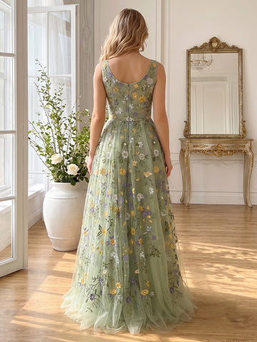 Sage Floral Embroidered Long Prom Dresses Tulle V Neck Sleevess