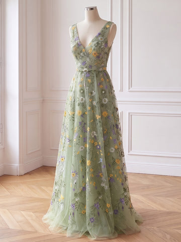 Sage Floral Embroidered Long Prom Dresses Tulle V Neck Sleevess