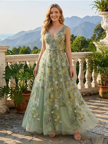 Sage Floral Embroidered Long Prom Dresses Tulle V Neck Sleevess